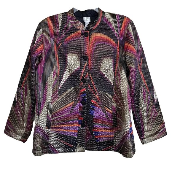 Chico's Reversible Satin Quilted Jacket Size 3 US XL Art To Wear Abstract Artsy - Picture 2 of 13